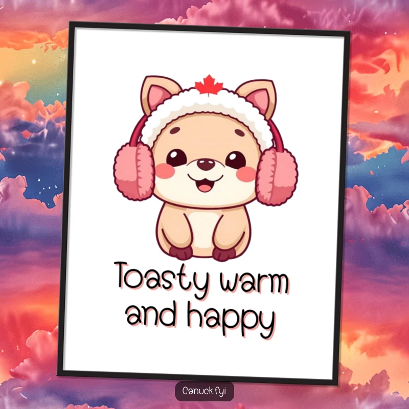 Funny Canadian animal character digital art print, wearing fuzzy earmuffs and smiling warmly, ready to frame.