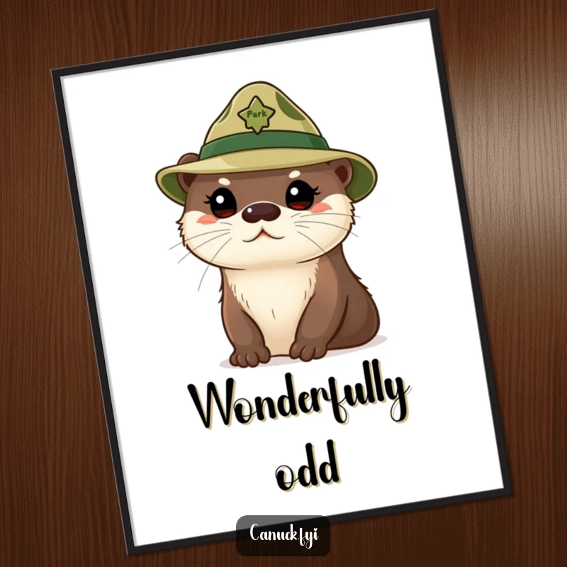 Funny curious otter digital art print, cute otter wearing a tiny park ranger hat, looking inquisitive, printable.