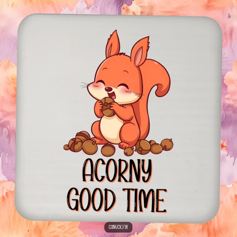 Funny Drink Coaster featuring a red squirrel with cheeks comically stuffed with acorns, adding a touch of nutty humor.