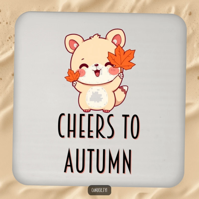 Funny drink coaster featuring a cute animal holding a maple leaf and waving enthusiastically, protecting surfaces with cheer.