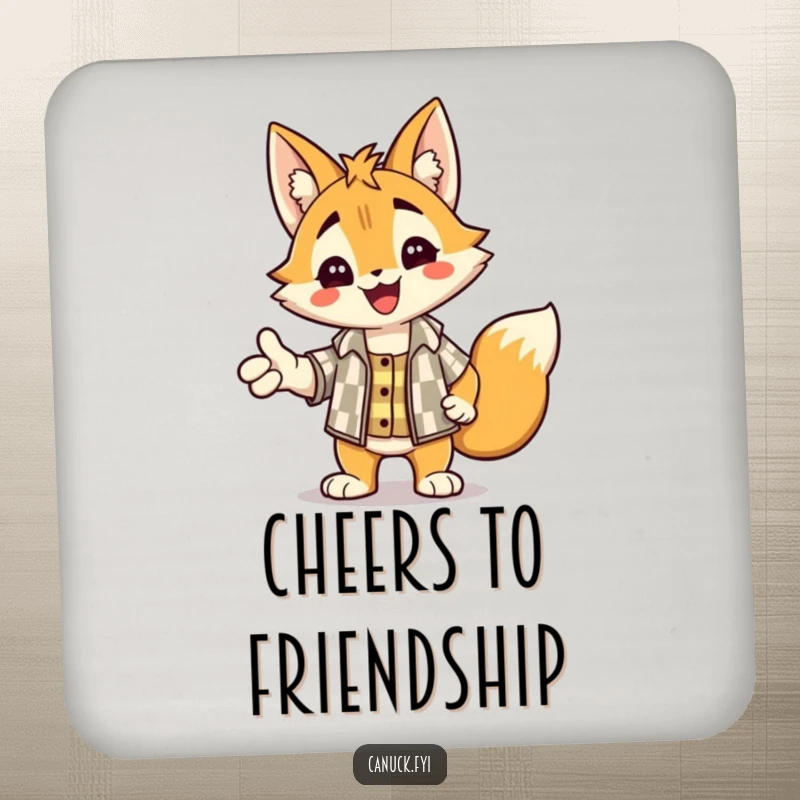 Funny drink coaster featuring a delighted lynx in a checkered shirt, offering a handshake, protecting surfaces.