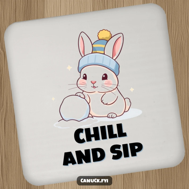 Funny rabbit wearing a toque, playfully nudging a snowball, protective drink coaster, stylish home decor.