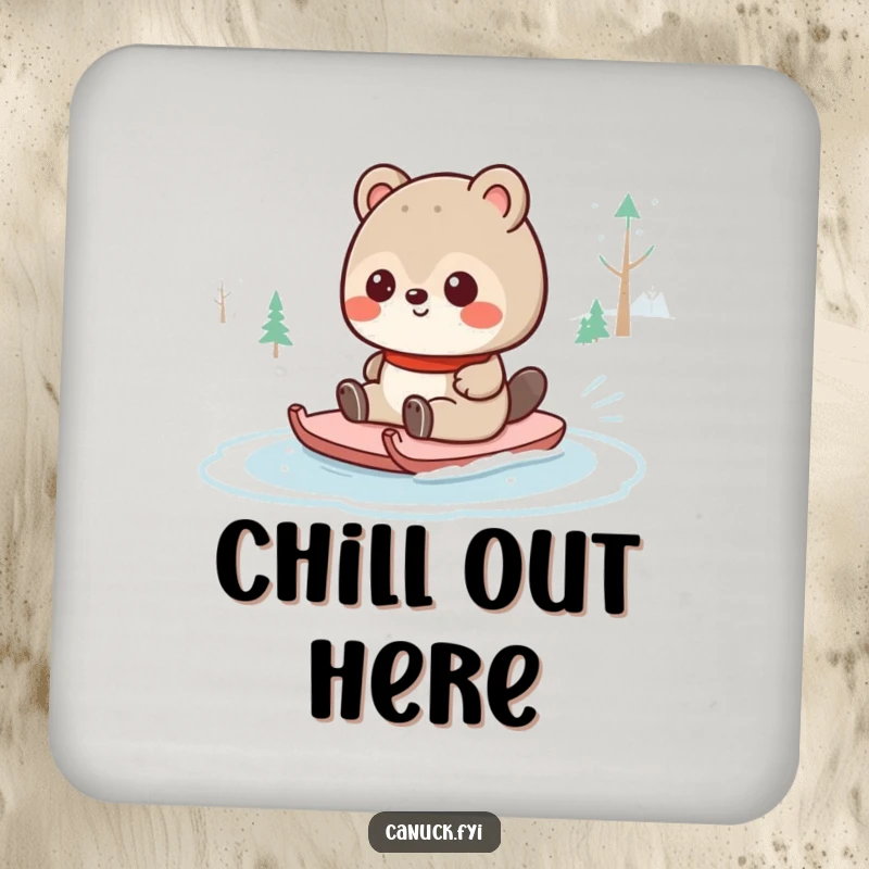 Funny Canadian animal character sliding on a frozen pond, showcased on a drink coaster, adding winter fun and humor to any table.