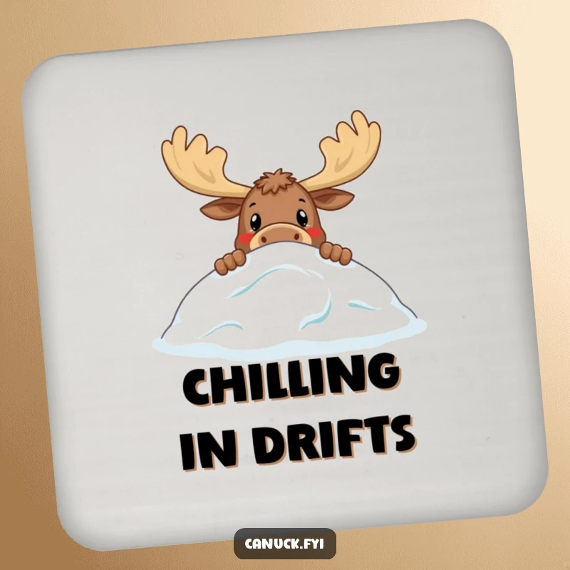 Funny drink coasters featuring a curious moose peeking over a stylized snowdrift, protecting surfaces with a humorous wildlife design.