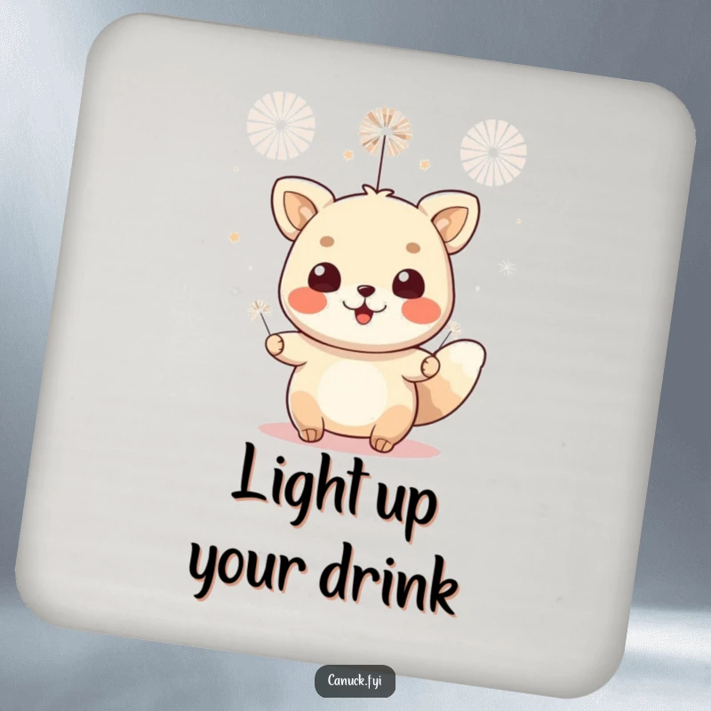 Funny coaster with a cheerful animal character celebrating with small fireworks. Protects tables while adding festive charm.