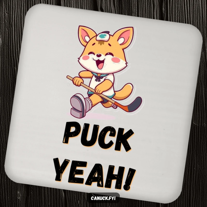 Funny Coaster: Playful animal character joyfully kicks a hockey puck, protecting surfaces with sporty humor.