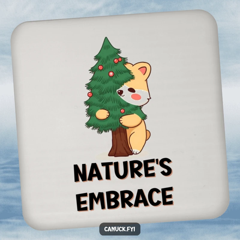 Funny drink coaster with a cartoon animal hugging a stylized pine tree, adding nature-themed humor to tabletops.