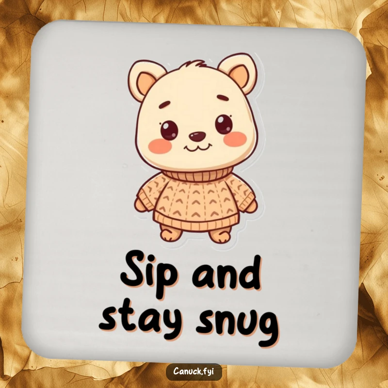 Funny coaster with a smiling animal character proudly wearing a small, knitted sweater. Protects tables with style and cheer.