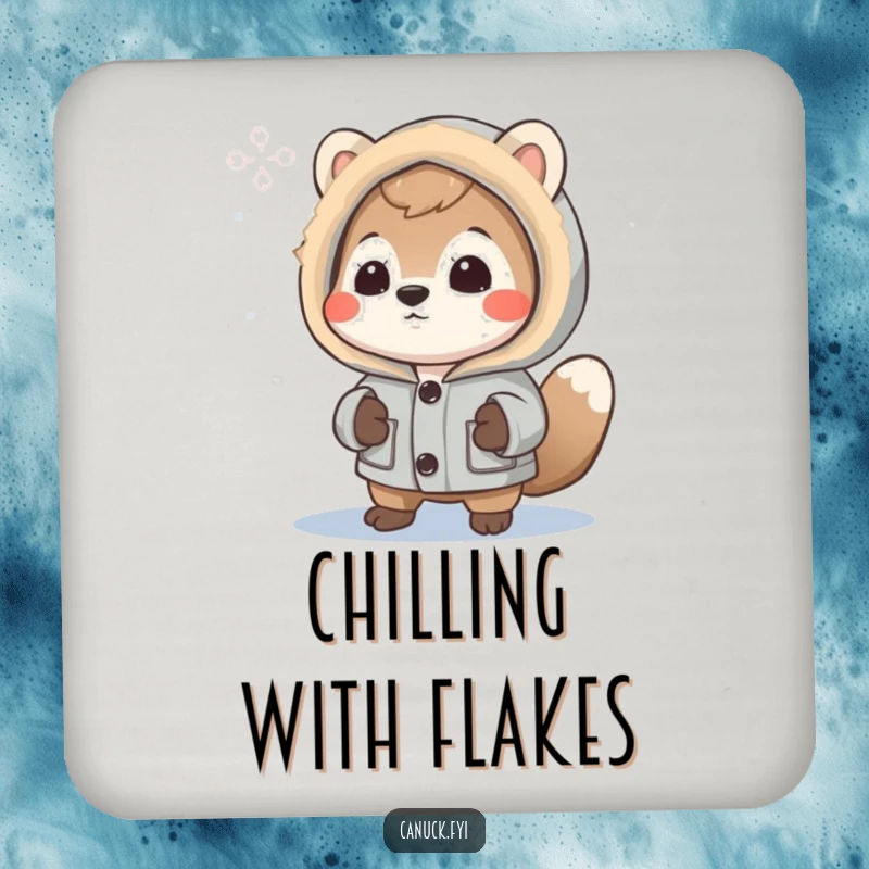 Funny Coaster: Curious animal in a parka looks at a snowflake, protecting surfaces with winter-themed charm.
