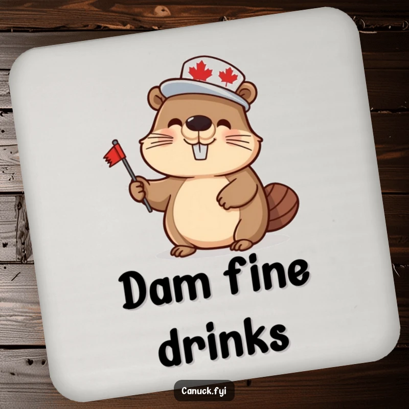 Funny beaver drink coasters, set of 4, wearing a maple leaf hat and waving a flag, adding humorous Canadian decor.