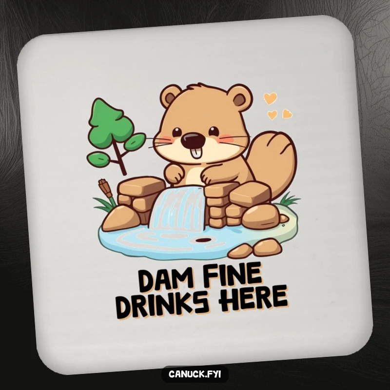 Funny Coaster with a beaver character building a miniature dam, protecting surfaces with playful charm.