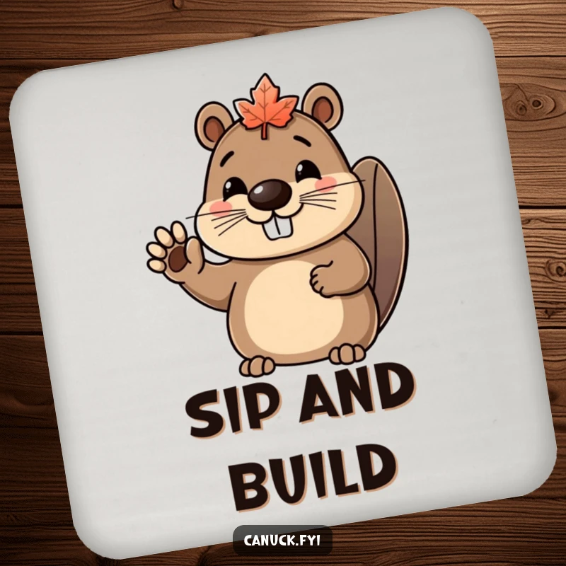 Funny beaver drink coaster showing a happy beaver character wearing a maple leaf hat and waving.