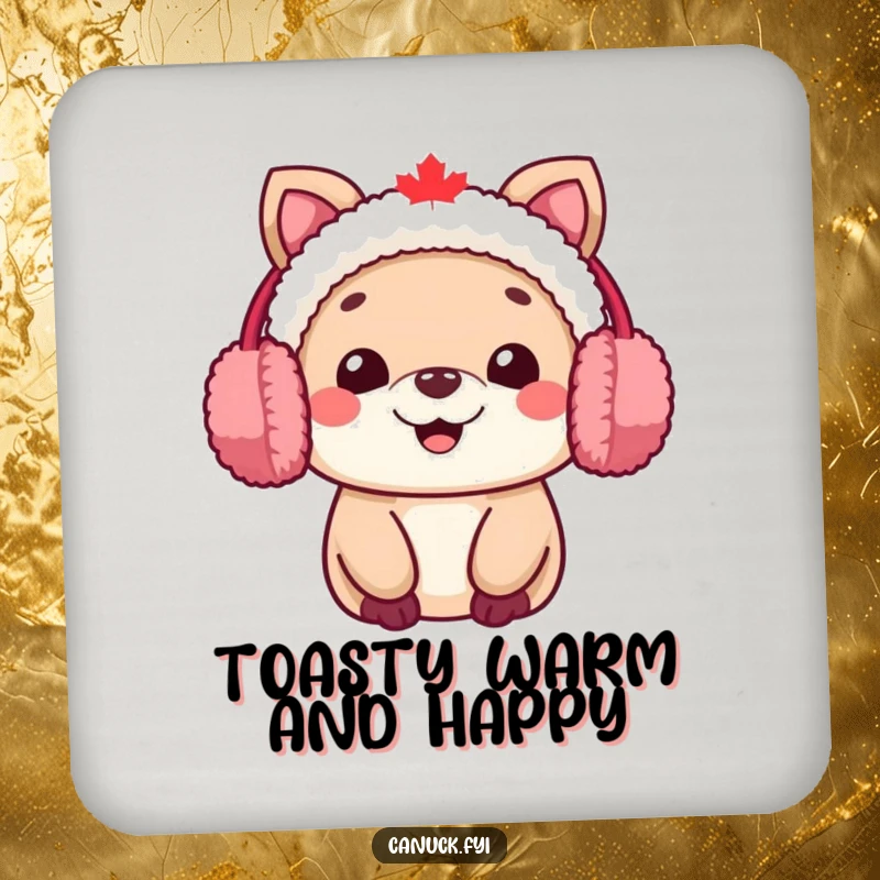 Funny Canadian animal character drink coaster, wearing fuzzy earmuffs and smiling warmly, protects tables.