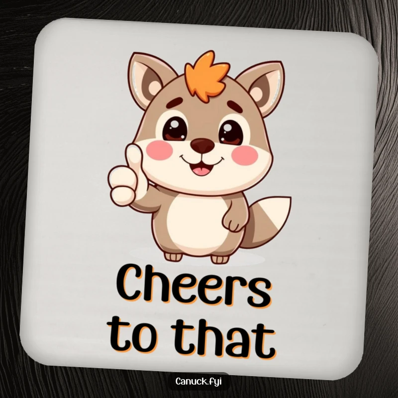 Funny Canadian animal character with a cheerful grin giving a thumbs-up, on a drink coaster for stylish surface protection.