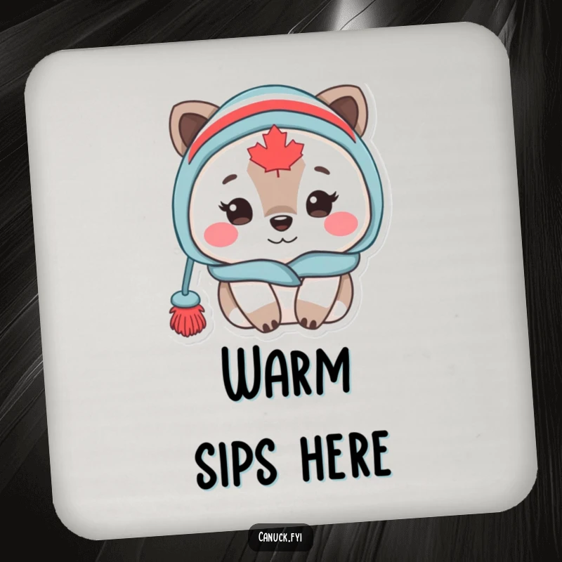 Funny Canadian animal character wearing a toque, looking cozy, on a drink coaster to protect surfaces with winter charm.