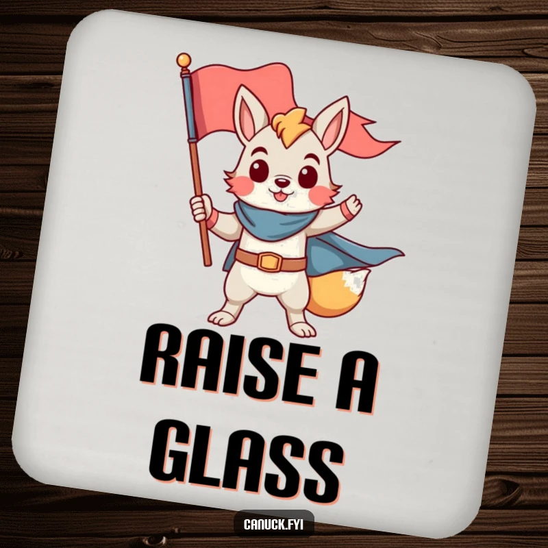 Funny drink coaster with a proud animal character in a heroic pose holding a flag, home decor funny gift.