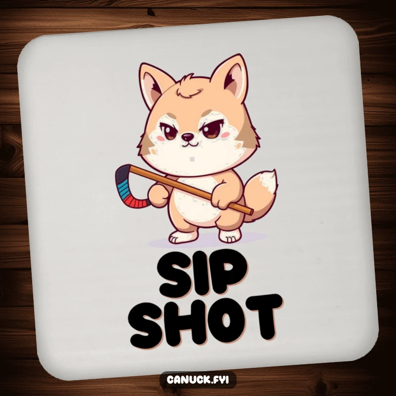 Funny drink coaster with determined animal pal holding a tiny hockey stick, for home bar, funny gift.