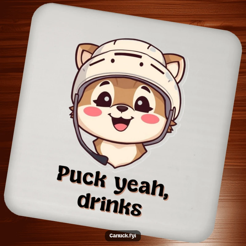 Funny drink coasters featuring an animal character wearing a hockey helmet and smiling broadly, perfect for game day beverages.
