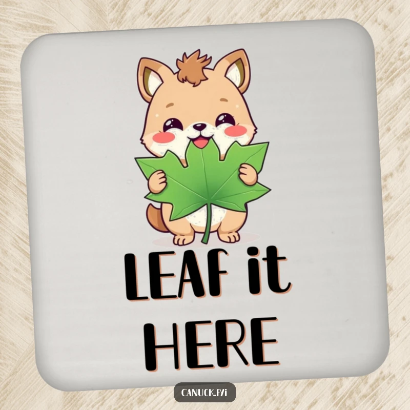 Funny drink coasters featuring a happy animal with a triumphant smirk holding a giant maple leaf, perfect for Canadian decor.