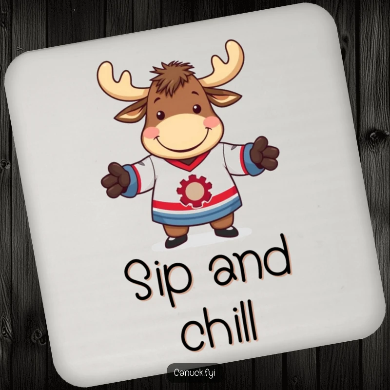 Funny drink coaster with a moose comically trying to put on a hockey jersey, protecting surfaces with humor.