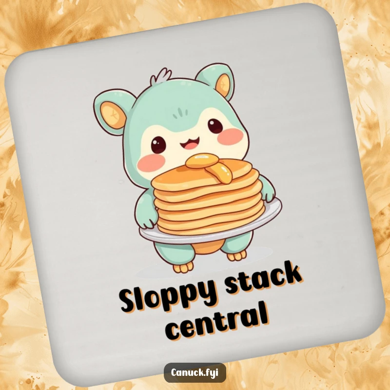 Funny Coaster with a creature sporting a warm smile, holding a plate of pancakes, protecting your surfaces with style.