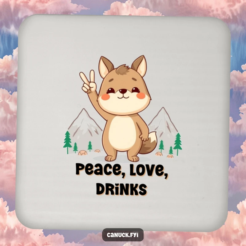 Funny animal coaster, peace sign gesture, stylized mountains, protects surfaces, adds serene humor to any setting, a calm gift.