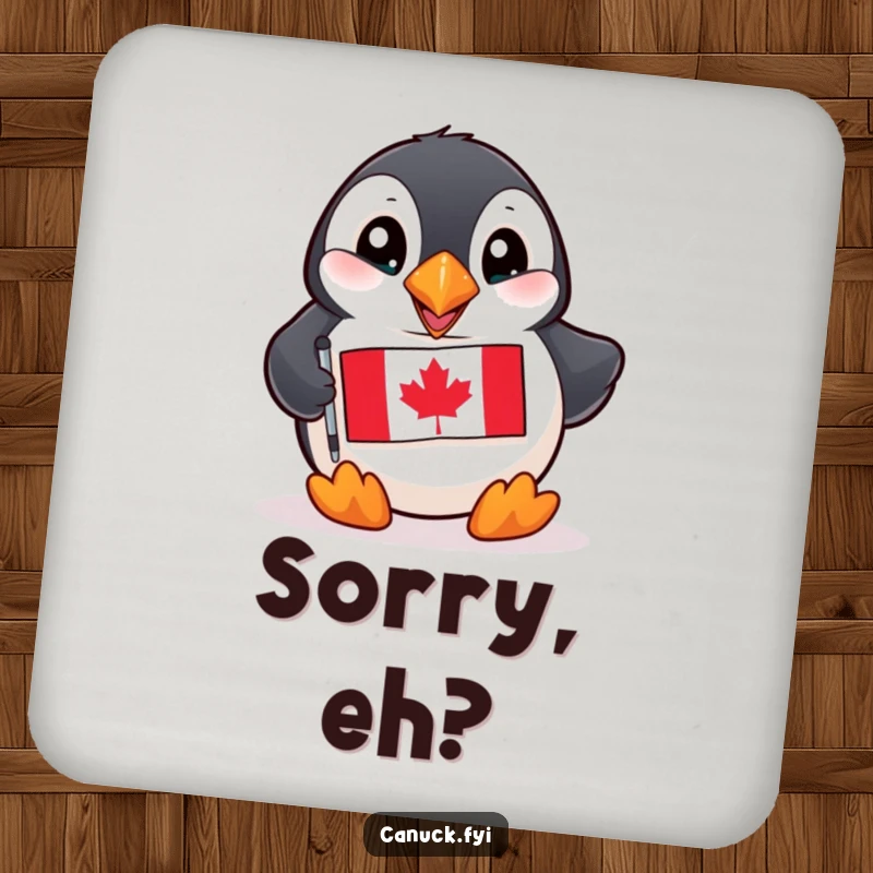 Funny Puffin Coaster: A playful puffin with bright eyes holds a miniature Canadian flag, guarding your table.