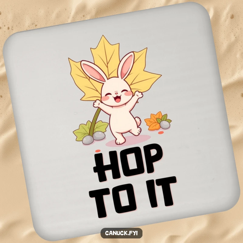 Funny rabbit drink coaster showing a bouncy rabbit character joyfully dancing near a large, iconic maple leaf.