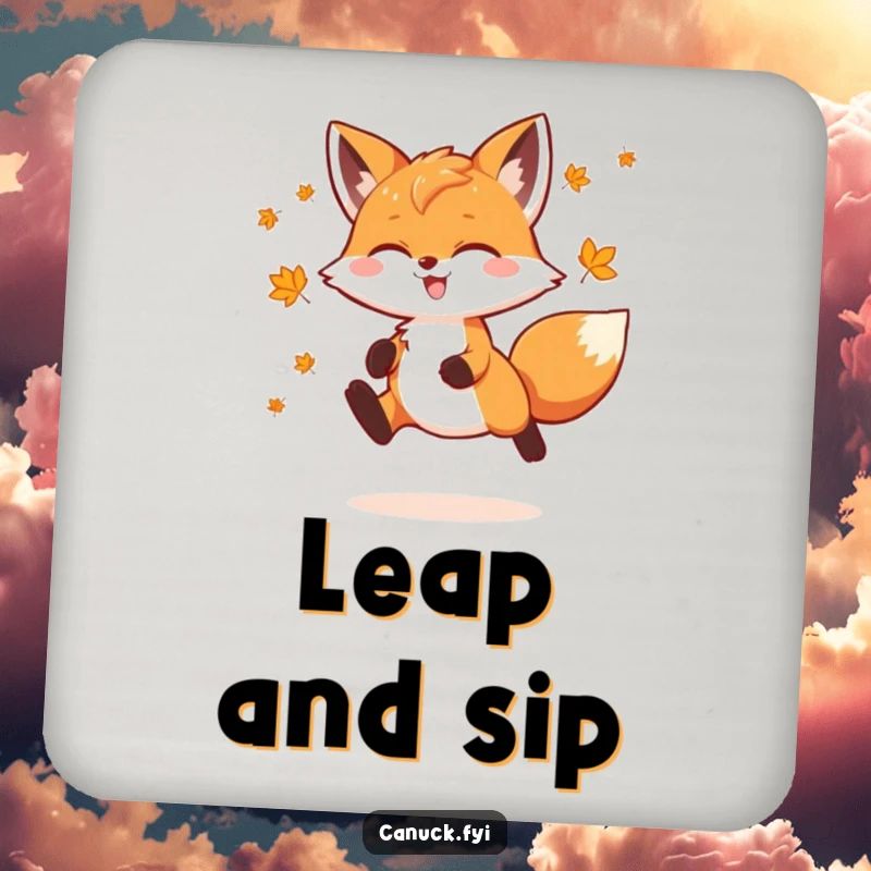 Funny Fox Drink Coaster featuring a playful fox doing a joyful leap, decorated with tiny maple leaves, perfect for protecting surfaces with charm.