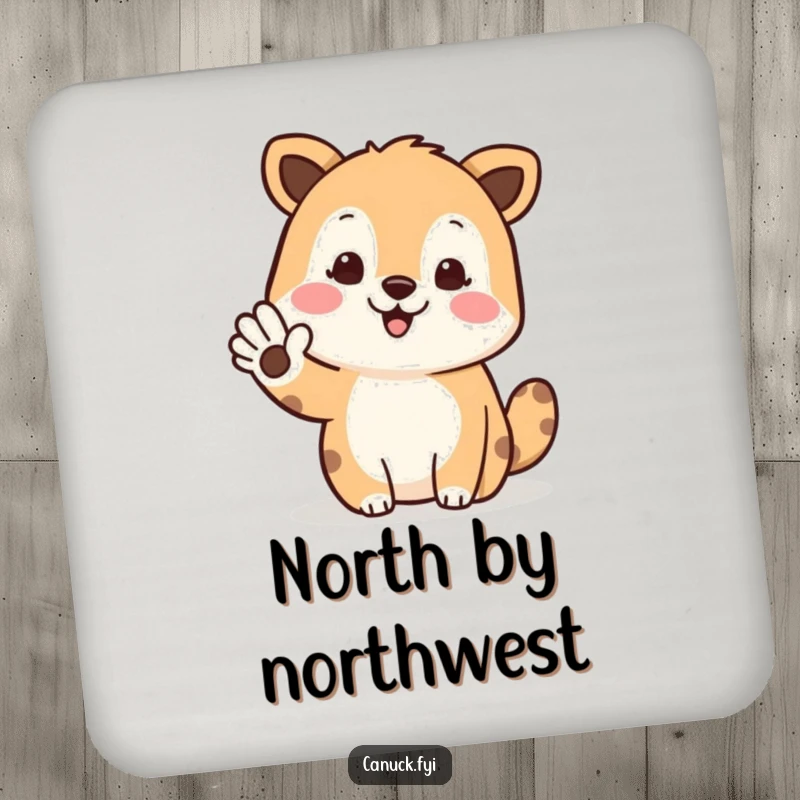 Funny drink coaster with a waving animal pointing north, adding humorous and friendly charm to tabletops.