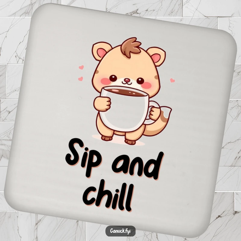 Funny Coaster: Cheerful animal holds a steaming mug of hot chocolate, protecting surfaces with cozy humor.