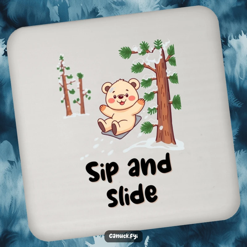 Funny bear cub drink coaster showing a smiling cub gleefully sliding down a snow-covered, stylized pine tree.