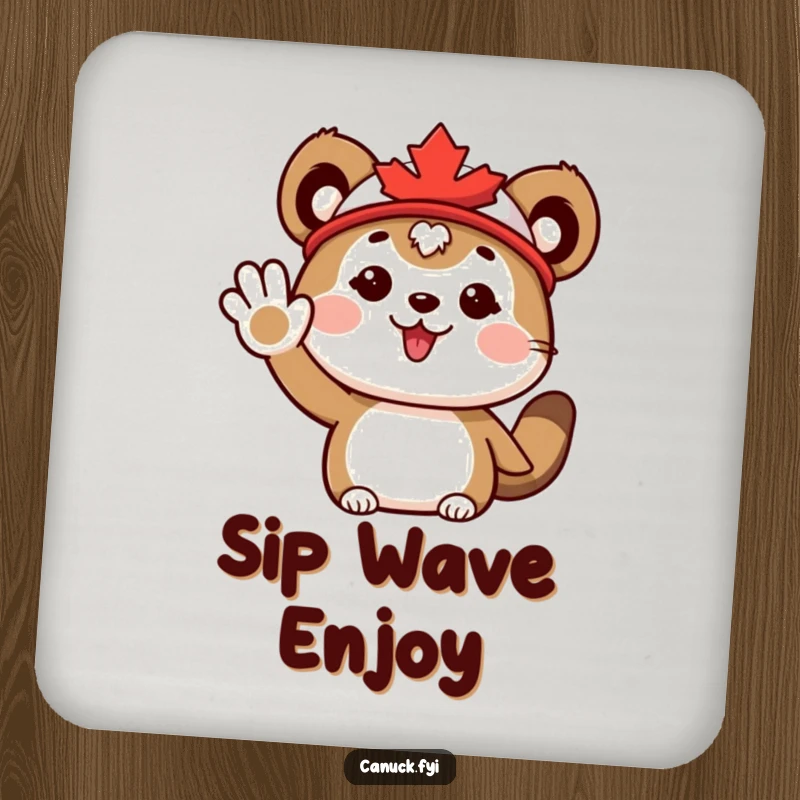 Funny Coaster: Cute animal wearing a maple leaf hat, waving enthusiastically, perfect for protecting tables with cheer.
