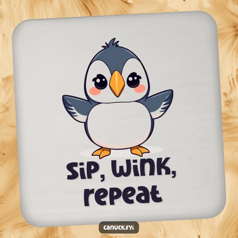 Funny drink coaster featuring a proud puffin wearing a toque and winking, protecting surfaces playfully.