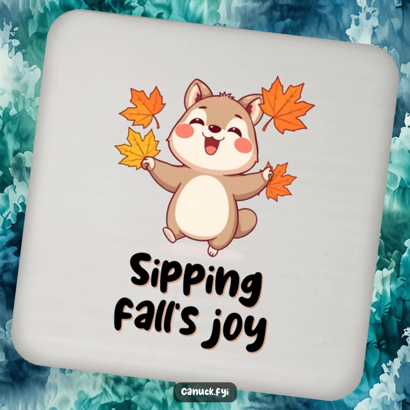 Funny drink coaster depicting a happy animal juggling three stylized maple leaves, adding a playful autumn vibe.