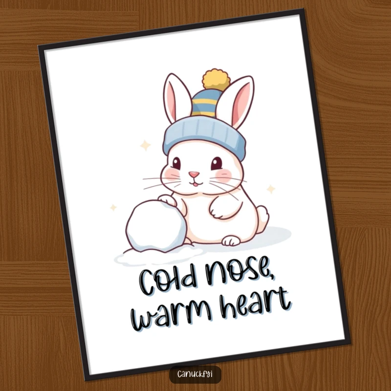 Funny rabbit in a toque, playfully nudging a snowball, wall art poster, adds humor to any space.