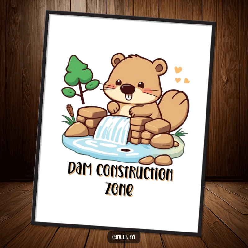 Funny Poster of a stylized beaver character building a small dam, a charming piece of humorous construction art.