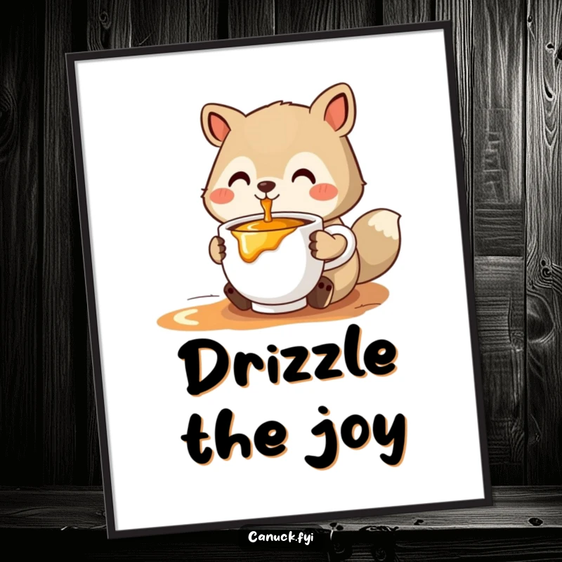 Funny stylized animal poster offering a cup of steaming maple syrup, perfect for adding sweet, comforting art to any room.