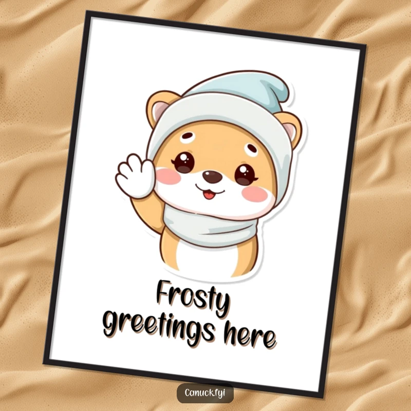 Funny Poster of an animal wearing a cozy winter hat, extending a friendly and happy wave, perfect for seasonal decor.