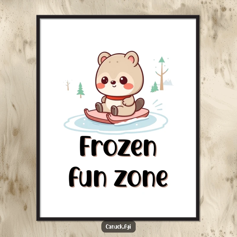Funny Canadian animal character energetically sliding on a frozen pond, captured in a humorous art print, bringing winter cheer and playful vibes.