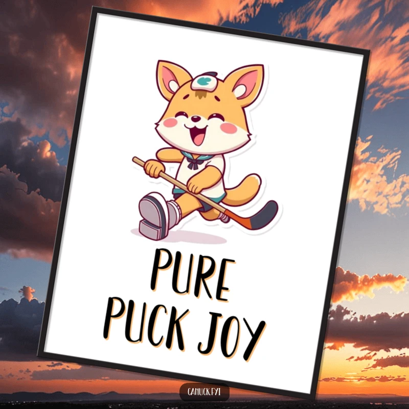 Funny Poster: Playful animal character kicks a hockey puck with exaggerated delight, capturing the fun of the game.