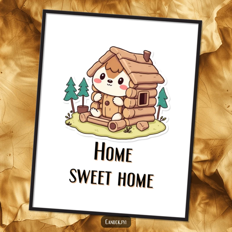 Funny Poster: Stylized animal humorously constructs a miniature log cabin, bringing whimsical charm to any wall space.