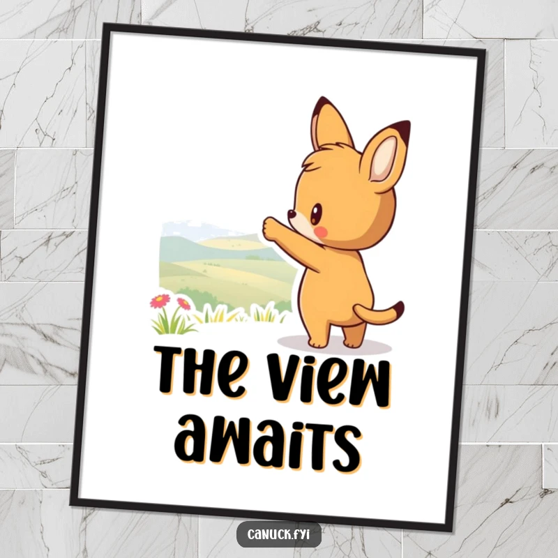 Funny poster of a curious animal character pointing towards a distant scenic view, symbolizing adventure and the call of the unknown.