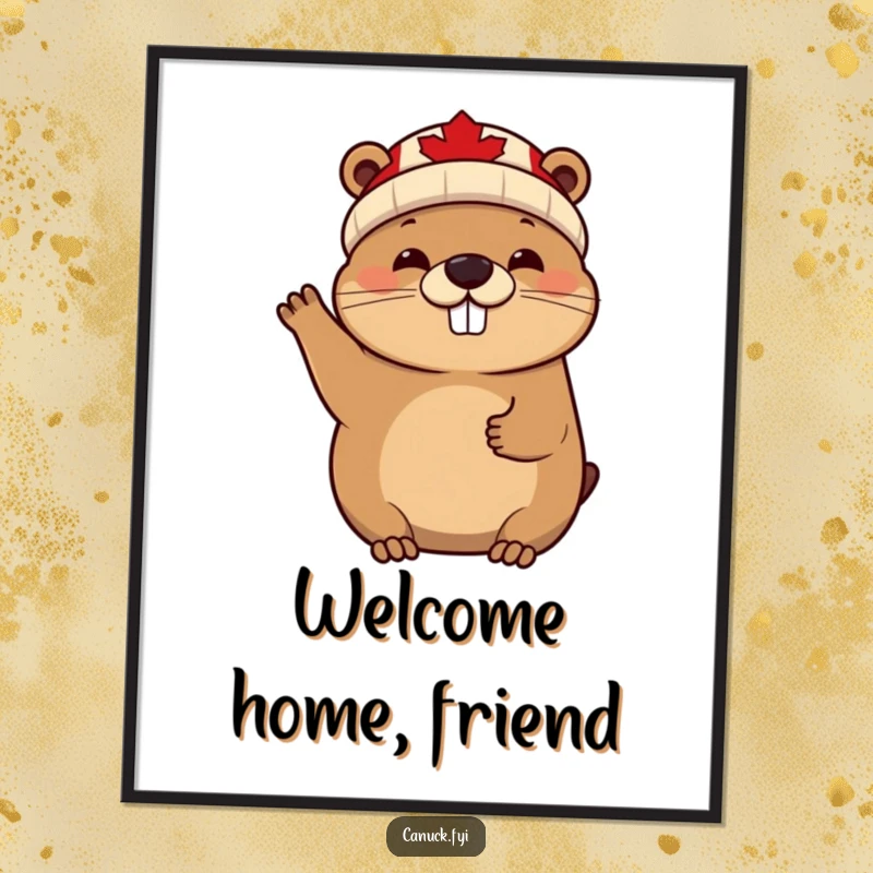 Funny cheerful beaver poster, maple leaf beanie, waving enthusiastically, a charming and humorous piece of wall art.