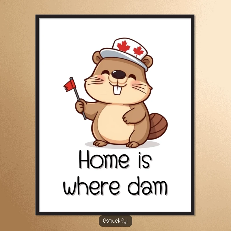 Funny beaver poster, wearing a maple leaf hat and waving a flag, embodying cheerful Canadian pride and humor.