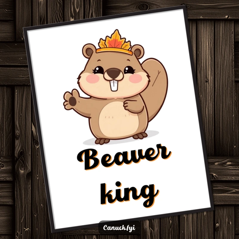 Funny Beaver Poster depicting a cute beaver wearing a tiny maple leaf crown, enthusiastically waving, perfect for whimsical and cheerful wall decor.