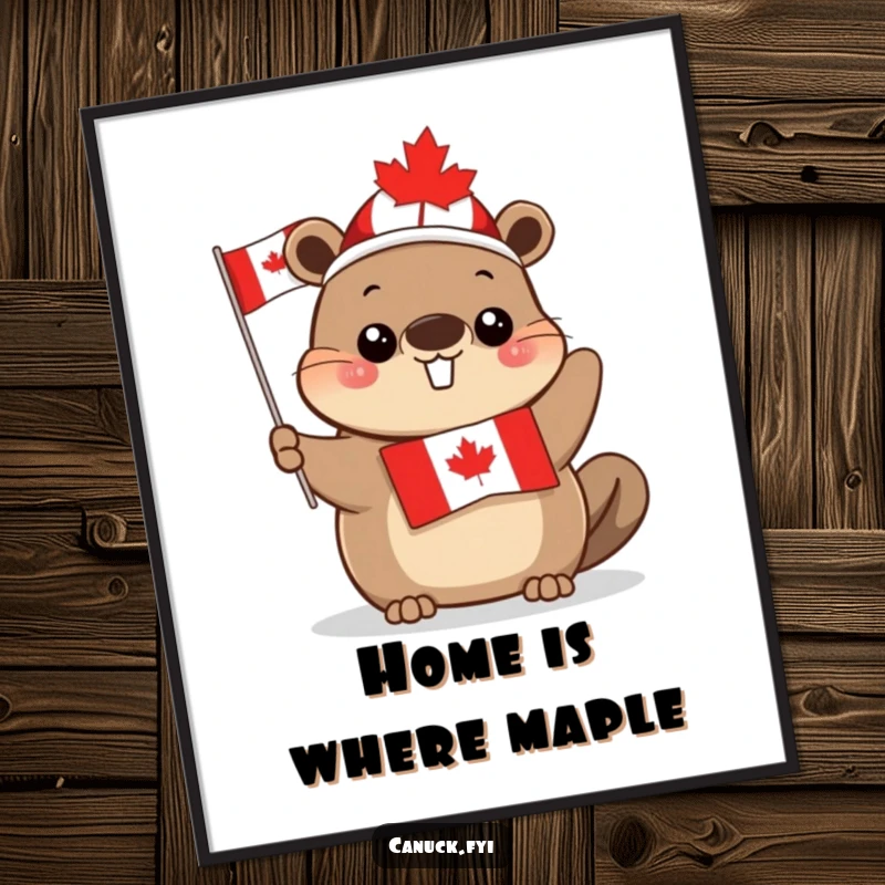 Funny cute beaver poster, maple leaf hat, waving Canadian flag, adorable wall art, perfect for adding patriotic cheer to any room.