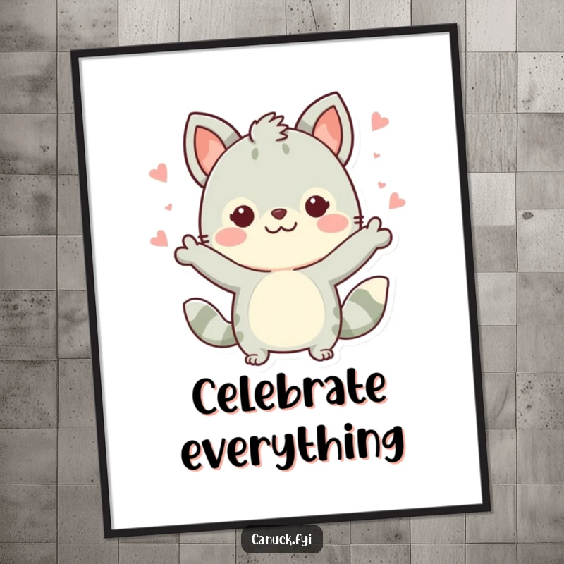 Funny Cute Dog Poster: Artwork of a cute dog character making a celebratory gesture, perfect for festive decor and as a funny gift.