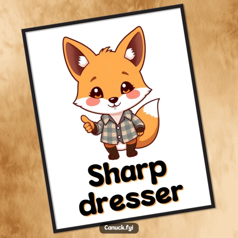 Funny poster art featuring a playful fox in a plaid shirt offering a friendly nod, charming wall decor funny gift.