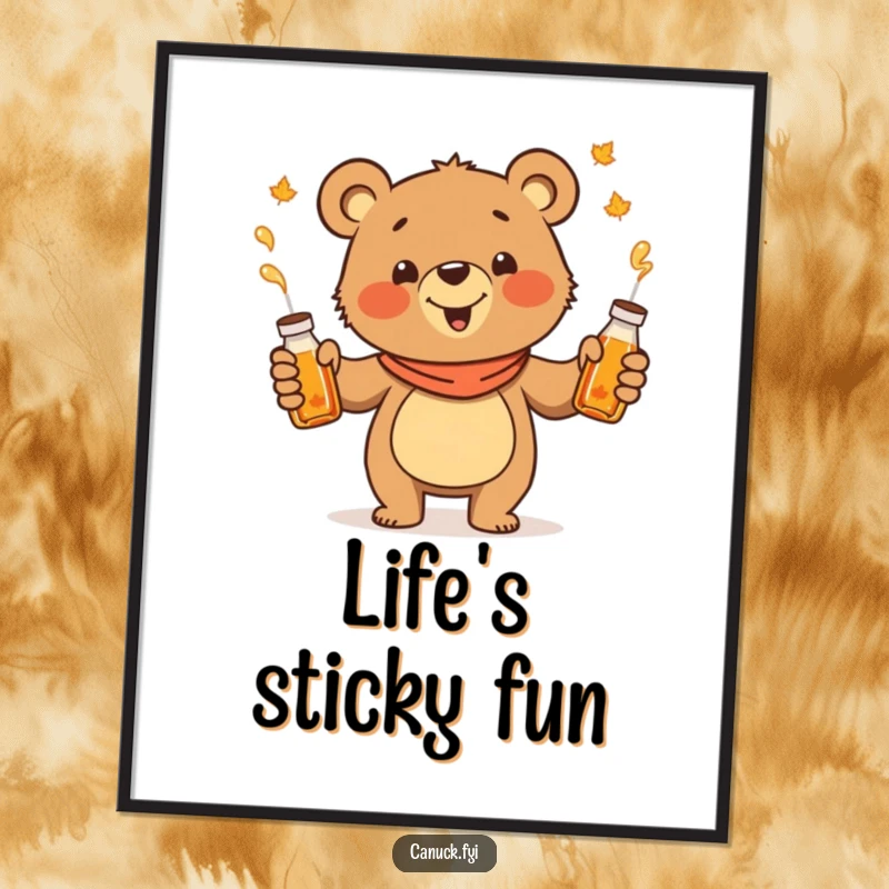 Funny juggling bear poster, cheerful cartoon bear juggling maple syrup bottles, breakfast themed wall art.